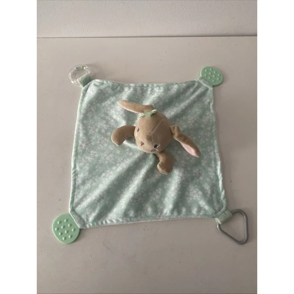 Modern Baby Snuggle Blankie Lovey Security Blanket Green White Bunny Teether
